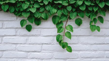 Fresh green leaves cascade down a white brick wall, creating a serene backdrop perfect for nature-themed designs, home decor, and gardening concepts.の素材