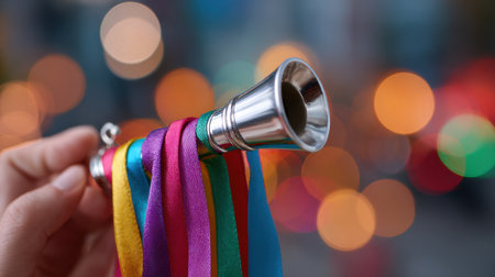 A vibrant party horn wrapped in colorful ribbons, symbolizing joy and celebration, set against a dreamy, blurred background of bright festive lights.の素材
