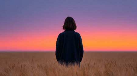 A tranquil scene featuring a solitary figure standing in a golden wheat field, gazing at a stunning sunset with vibrant hues of blue and purple.の素材