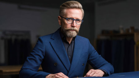 A confident tailor poses in a modern workshop, showcasing craftsmanship and style. The tailor, dressed in a stylish blue suit, epitomizes elegance in the world of fashion.の素材