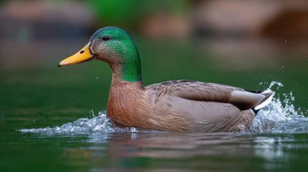 A stunning close-up of a male duck gliding effortlessly across calm waters, showcasing its vibrant feathers and serene surroundings, perfect for nature enthusiasts.の素材
