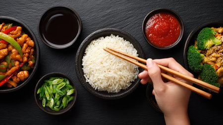 A visually appealing arrangement of Asian cuisine featuring rice, fresh vegetables, and a variety of sauces, perfect for food lovers and culinary enthusiasts.の素材
