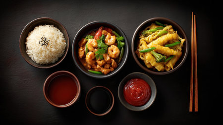 A beautiful display of Asian cuisine showcasing shrimp stir fry, flavorful noodles, steamed rice, and an array of dipping sauces on a stylish dark background.の素材