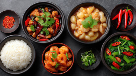 A visually appealing assortment of Asian cuisine featuring shrimp, vegetables, rice, and spicy elements presented in elegant bowls, perfect for food photography.の素材