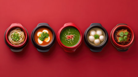 A stunning arrangement of diverse Asian dishes showcasing vibrant colors and flavors. Each bowl features unique ingredients, perfect for food enthusiasts.の素材