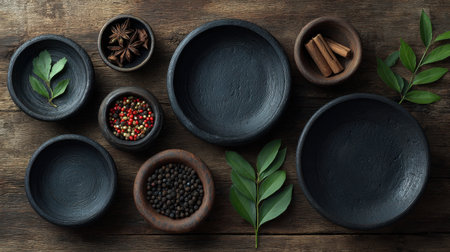 A beautiful arrangement of clay bowls on a rustic kitchen table, filled with aromatic spices and vibrant green leaves, captures the essence of natural cooking.の素材