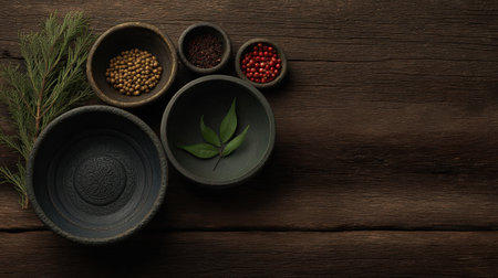 A tranquil kitchen scene featuring rustic bowls of various spices and fresh green leaves elegantly arranged on a wooden table. Ideal for culinary themes.の素材
