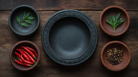A stylish dark bowl sits on a weathered wooden table, surrounded by vibrant herbs and spices, creating an inviting atmosphere for culinary creativity.の素材