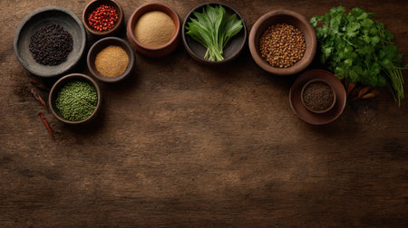 A stunning arrangement of assorted spices and fresh herbs in rustic bowls placed on a textured wooden surface, perfect for enhancing any culinary setup.の素材