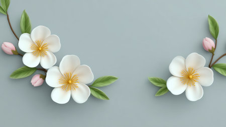 A delicate arrangement of white flowers and green leaves on a soft gray background, perfect for home decor, weddings, or artistic design projects.の素材