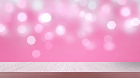 This soft pink background features a beautiful bokeh effect with a wooden table surface, perfect for showcasing products or creating a dreamy atmosphere.の素材