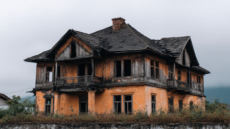 An abandoned house showcasing a weathered facade and surrounded by overgrown vegetation, set against a moody landscape that evokes nostalgia and mystery.の素材