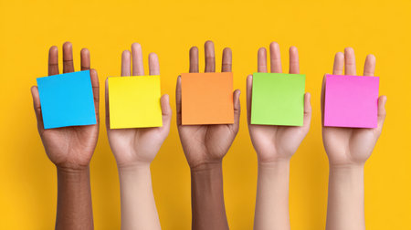 A vibrant image showcasing diverse hands holding colorful sticky notes, symbolizing creativity and collaboration. Perfect for marketing and brainstorming concepts.の素材