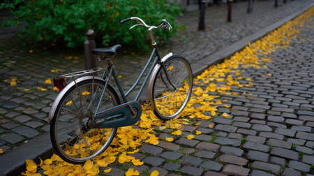 A charming vintage bicycle stands alone on a cobblestone street, surrounded by vibrant yellow autumn leaves, creating a serene urban atmosphere perfect for peaceful retreats.の素材