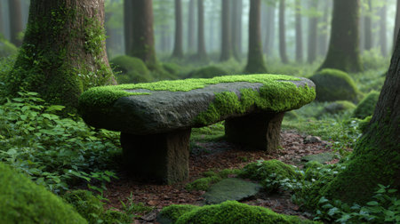 A serene stone bench covered in vibrant moss invites visitors to relax amidst a lush forest, where greenery and sunlight create a tranquil atmosphere.の素材