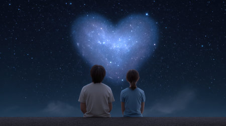 Two children sit together, mesmerized by a heart-shaped cloud amidst a vast starry sky, embodying the magic of childhood wonder and connection.の素材