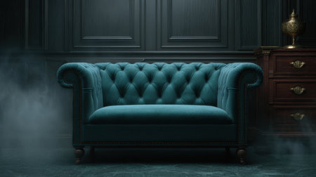 Discover a stunning teal Chesterfield sofa that adds elegance and comfort to any interior space. The moody lighting creates a dramatic atmosphere, enhancing the luxurious feel.の素材