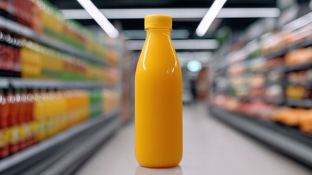 A bright yellow bottle stands prominently in a supermarket aisle, showcasing vibrant packaging amidst a colorful display of various products, inviting shoppers.の素材