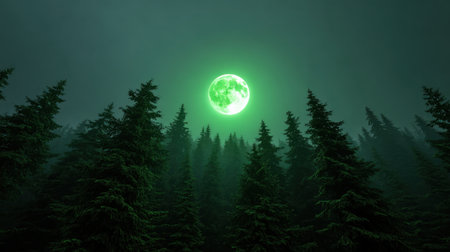 A captivating scene of a vivid green moon casting ethereal light over a dense forest filled with towering trees, creating a mystical atmosphere at night.の素材