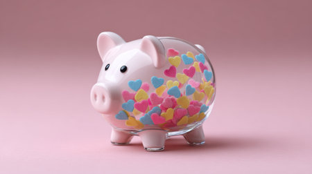 A charming piggy bank designed with heart-shaped confetti, perfect for representing savings and financial goals. The soft pink background enhances its visual appeal.の素材