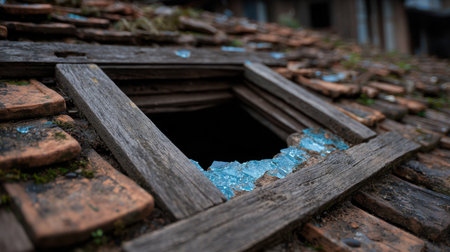 This striking image features an old roof with a broken glass section framed by weathered wood. The composition highlights textures and decay, evoking a sense of history and nostalgia.の素材