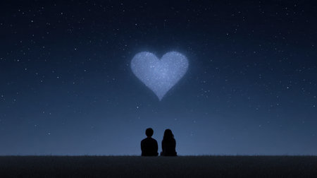 A serene scene featuring a couple sitting together under a starry night sky, with a glowing heart formed by stars above, symbolizing love and unity.の素材
