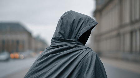 A solitary figure in a gray cloak walks along a rainy street in an urban environment, creating an air of mystery and anonymity. The blurred cityscape adds emotional depth.の素材