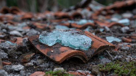 A close-up view of shattered glass resting on weathered terracotta roof tiles, surrounded by natural debris and greenery, showcasing a blend of urban decay and nature's resilience.の素材