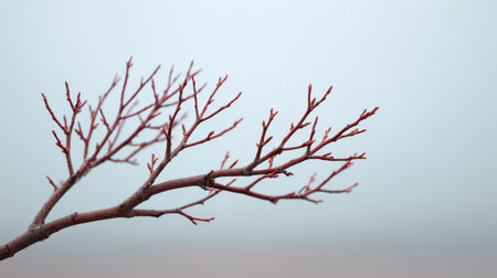 This image features delicate bare branches reaching out gently against a soft pale background, creating a serene and tranquil winter atmosphere. The composition emphasizes the beauty of nature during the cold season, inviting viewers to reflect on simplicity and elegance.の素材