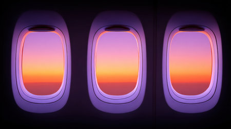 Captivating view through airplane windows showcasing a stunning sunset with rich pink and orange hues illuminating the sky above soft clouds.の素材