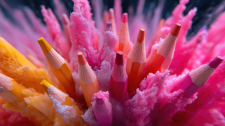 A striking close-up of colorful pencils arranged in an artistic display, showcasing vibrant hues and intricate textures against a soft backdrop.の素材