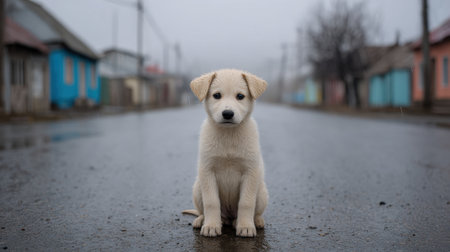 A charming white puppy sits alone on a rainy street, creating a heartfelt scene amidst colorful houses. Its expression reflects innocence and curiosity.の素材