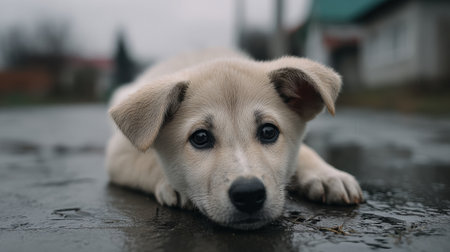 This image features a cute puppy resting on a wet street, portraying a sad expression in a gloomy outdoor setting. The soft fur and innocent eyes evoke a sense of compassion and warmth.の素材