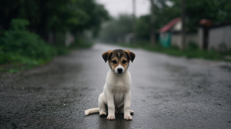 This charming image features a young puppy sitting alone on a rain-slicked street, surrounded by lush greenery and a serene foggy backdrop.の素材