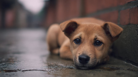 This charming image captures a young puppy resting on a wet pavement, showcasing its innocent expressions and adorable demeanor in an urban setting.の素材