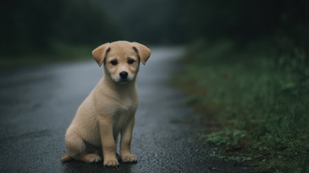 This charming light-colored puppy sits on a rain-soaked road, surrounded by verdant grass and trees, evoking feelings of innocence and joy in nature.の素材