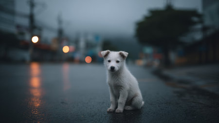 A charming white puppy sits alone on a wet street, surrounded by blurred city lights, capturing a moment of solitude in a rainy atmosphere.の素材