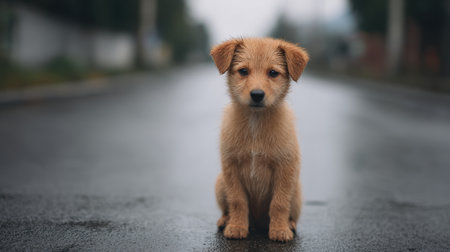 A charming small brown puppy sits on a rain-soaked road, showcasing its soft fur and innocent expression, embodying tranquility and playfulness.の素材