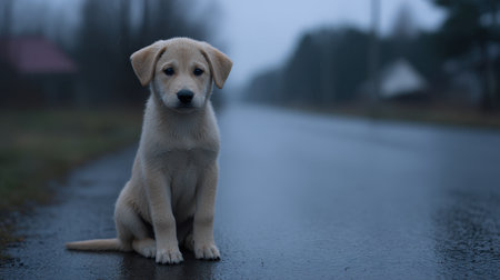 A cute Labrador puppy sits on a wet road, surrounded by a foggy landscape, evoking a serene and contemplative mood in this beautiful scene.の素材