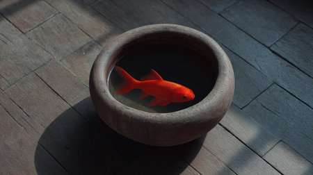 A bright orange goldfish gracefully swims in a round clay pot filled with clear water, positioned on a hardwood floor illuminated by soft natural light.の素材