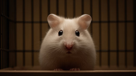 A close-up portrait of an adorable white hamster with a fluffy coat, displaying a curious expression while sitting in its cage. The natural lighting enhances the warm, soft features, making it an ideal image for pet lovers and animal enthusiasts.の素材