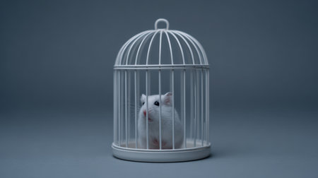 A charming image of a white hamster sitting in a white birdcage against a gray backdrop, evoking emotions of confinement and freedom in pet care.の素材
