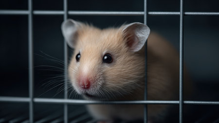 This close-up image features a curious gold hamster gazing through the bars of its metal cage. The soft lighting highlights its fluffy fur and expressive eyes, showcasing the pet's adorable features. Perfect for animal lovers and pet care content.の素材