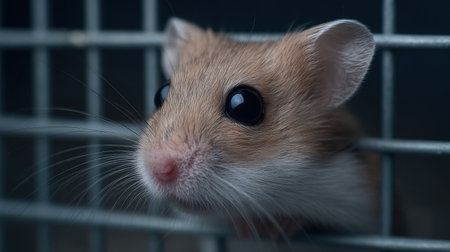 A charming close-up shot of a hamster with large, expressive eyes gazing through the bars of its wire cage, showcasing its adorable features and soft fur.の素材