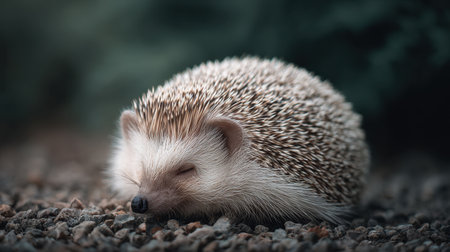 This charming image features a hedgehog resting on a pebbled surface, showcasing its soft fur and distinctive spines in a gently blurred natural background.の素材