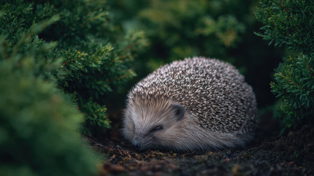 This serene photograph captures a hedgehog resting peacefully amid lush greenery. The focus on the delicate spines and surrounding foliage creates a tranquil representation of wildlife in its natural habitat.の素材