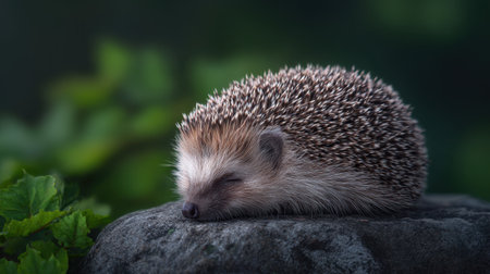 This charming image features a hedgehog peacefully sleeping on a rock, surrounded by vibrant green foliage, capturing the essence of tranquility in nature.の素材