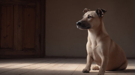 A serene and thoughtful dog sits gracefully indoors, bathed in soft light, showcasing its gentle expression and calm demeanor against a cozy wooden backdrop.の素材
