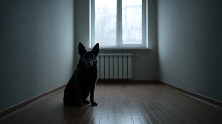 A solitary black dog sits quietly in a softly lit room, evoking feelings of solitude and introspection as light filters through the window.の素材