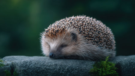 A charming hedgehog is resting on a stone in a serene forest setting, surrounded by lush greenery, capturing the essence of tranquility in nature.の素材
